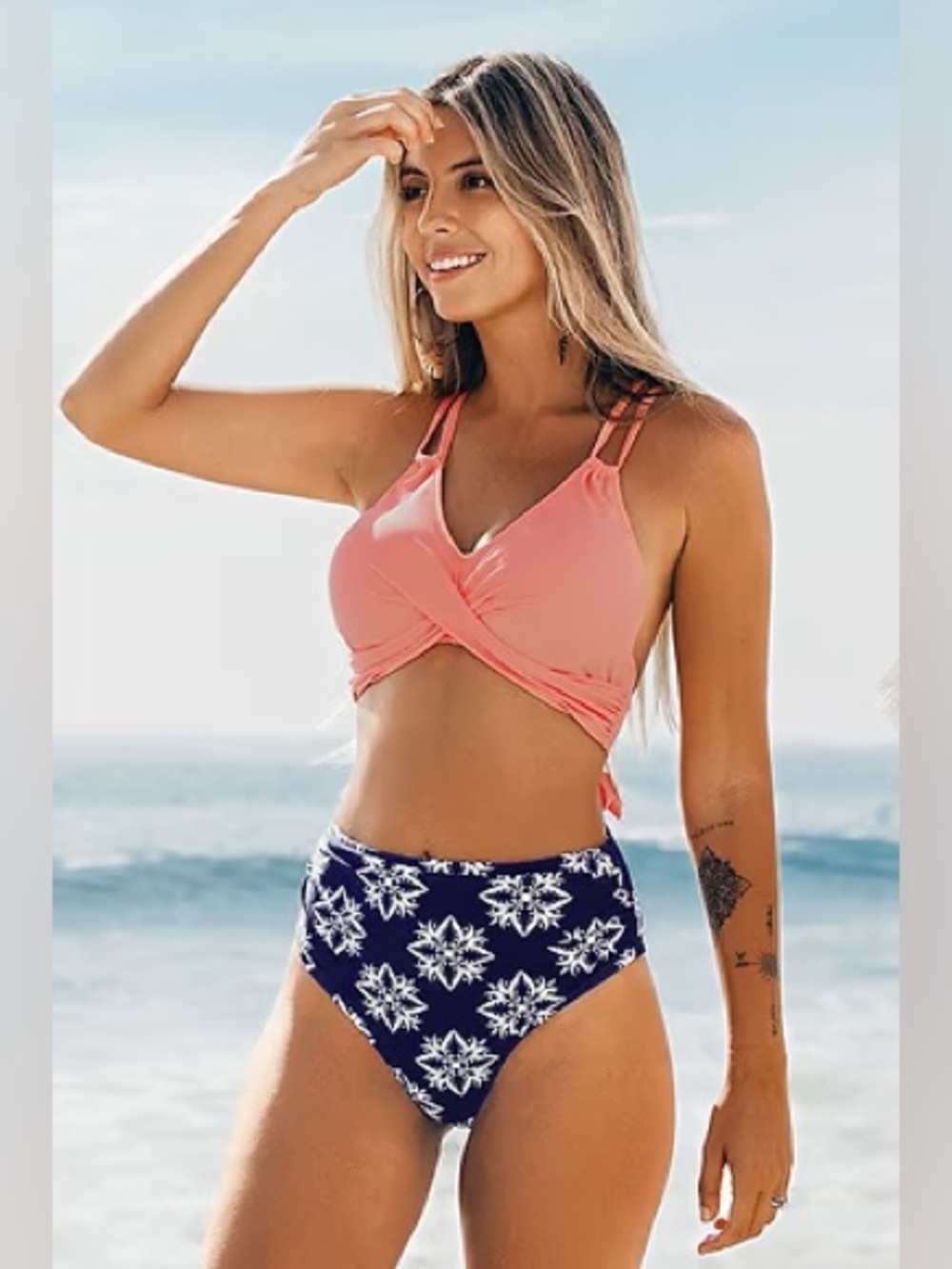 NWT Cupshe Navy White Floral High-Waisted Bikini Bottoms Sz L Shirred Side Seams